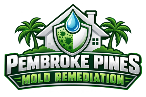Pembroke Pines Mold Remediation logo with house, shield, water drop, mold spores, and palm trees